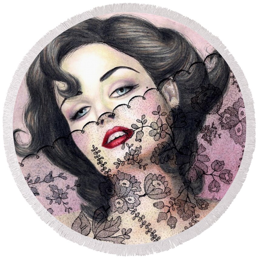 Colored Pencil Round Beach Towel featuring the drawing Lacy Seduction by Scarlett Royale