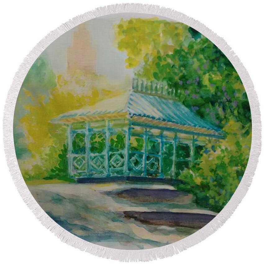 Cityscape Round Beach Towel featuring the painting Ladies Pavilion, CPNYC by Nicolas Bouteneff