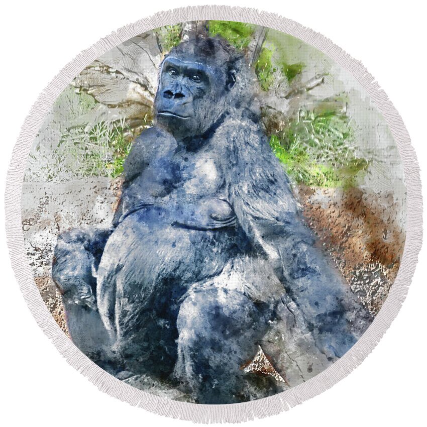Gorilla Round Beach Towel featuring the photograph Lady Gorilla Sitting Deep in Thought by Anthony Murphy