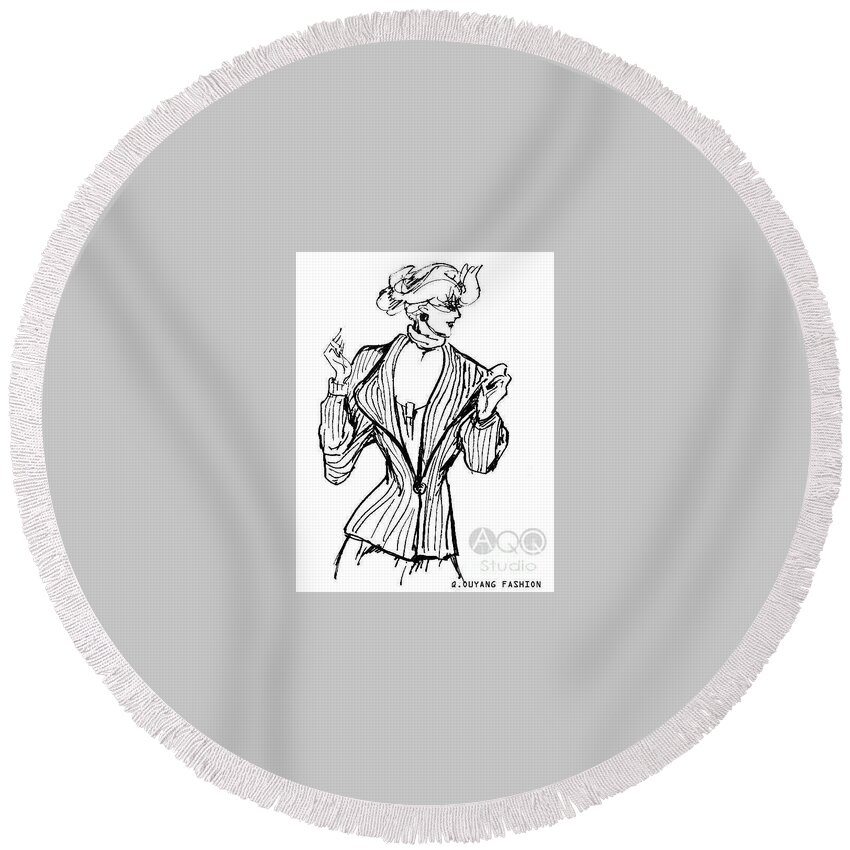 Fashion Illustration Round Beach Towel featuring the painting Lady in Fashion Coat by Leslie Ouyang