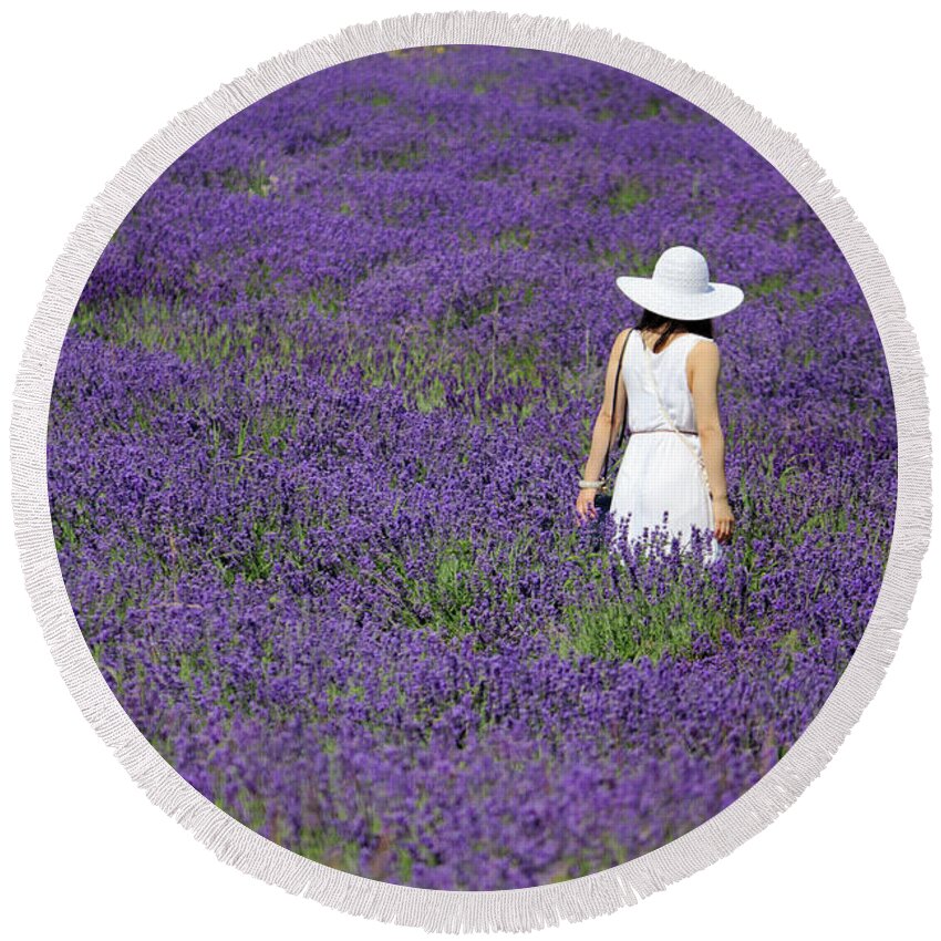 Lady In Lavender Field Round Beach Towel featuring the photograph Lady in Lavender Field by Julia Gavin