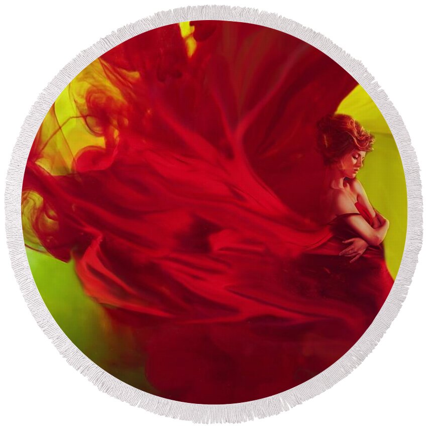 Lady In Red Round Beach Towel featuring the digital art Lady in Red Ink by Lilia S