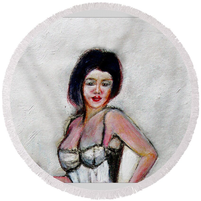 Lady Round Beach Towel featuring the painting Lady Jane with red lipstick by Tom Conway
