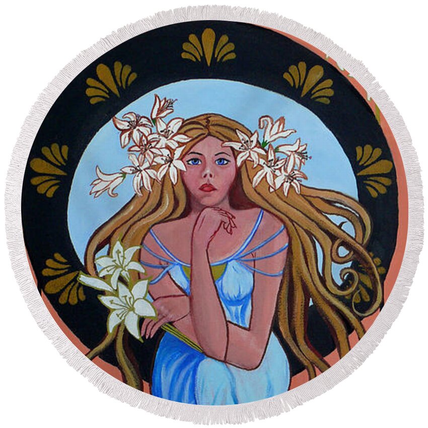 Lady Lilly's Round Beach Towel featuring the painting Lady of the Lilly's by Susan Duda
