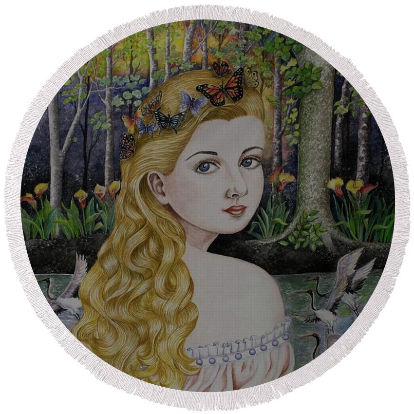 Lady Of The Lake Round Beach Towel featuring the painting Lady of the Lake by Olive Pascual