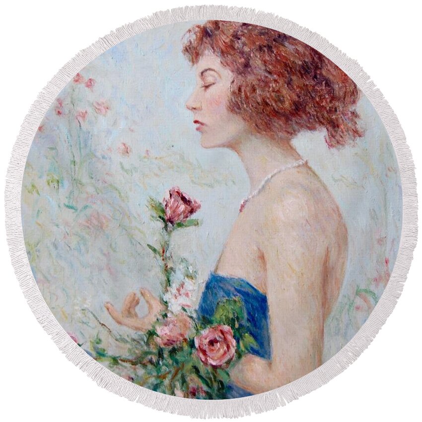 Lady Round Beach Towel featuring the painting Lady with roses by Pierre Dijk