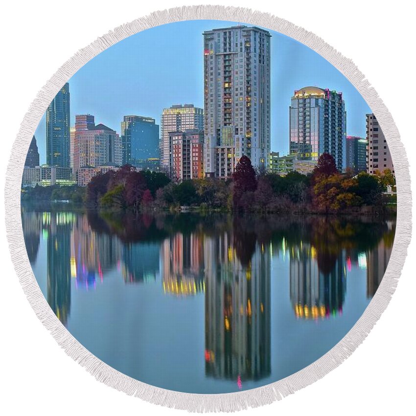 Austin Round Beach Towel featuring the photograph Ladybird Reflection 2016 by Frozen in Time Fine Art Photography