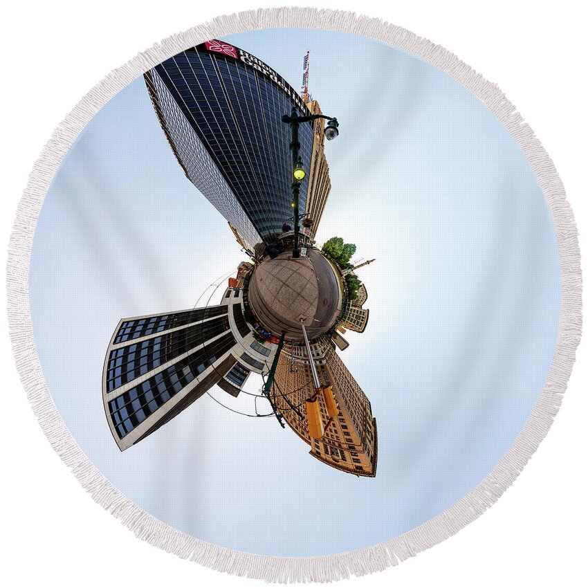 Lafayette Square Round Beach Towel featuring the photograph Lafayette Square Buffalo - Tiny Planet by Chris Bordeleau