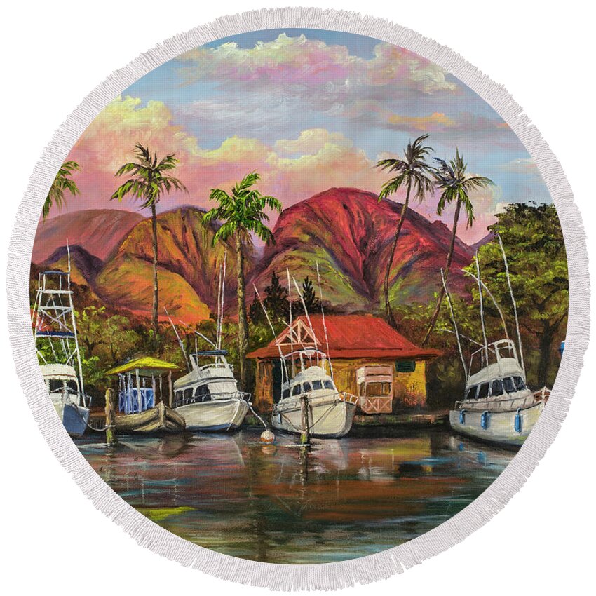 Darice Round Beach Towel featuring the painting Lahaina Harbor Sunset by Darice Machel McGuire
