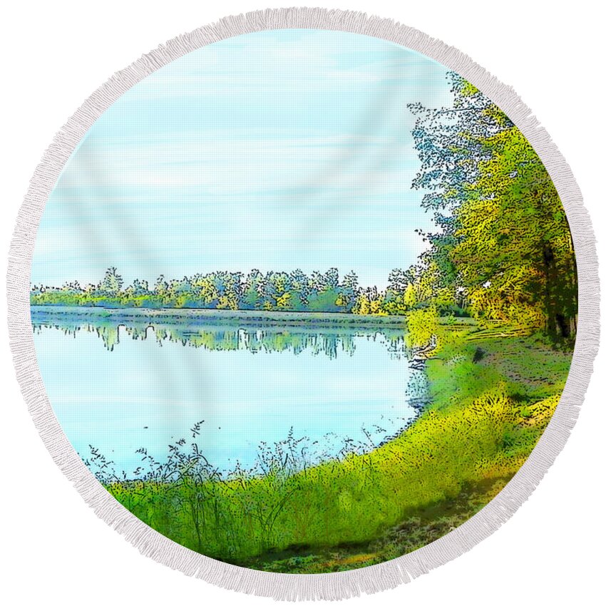 Lake Woods Tree Trees Forest Sky Plant Plants Craig Walters Photo Photograph A An The Art Artist Artistic Artists Round Beach Towel featuring the digital art Lake and Woods by Craig Walters