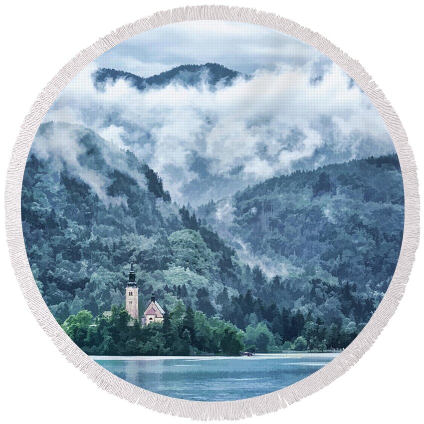 Painterly Round Beach Towel featuring the photograph Lake Bled in Clouds by Norman Gabitzsch