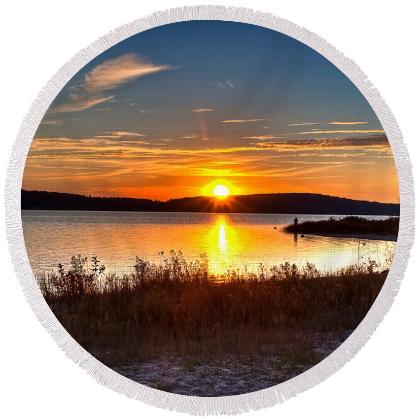 Hdr Round Beach Towel featuring the photograph Lake Charlevoix Sunset by Larry Carr