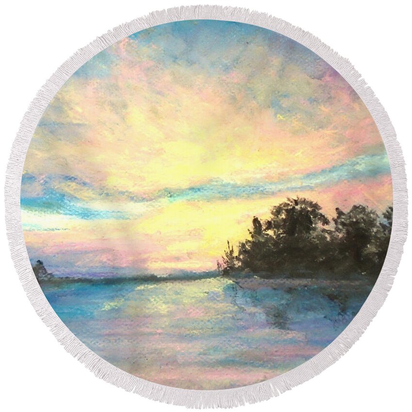Sunset Painting Round Beach Towel featuring the painting Lake Freedom by Jen Shearer