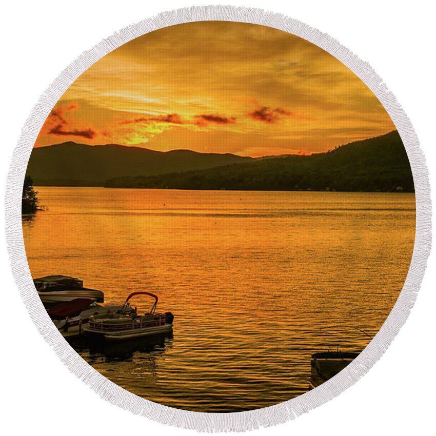 Sunrise Round Beach Towel featuring the photograph Lake George sunrise by Claudia M Photography