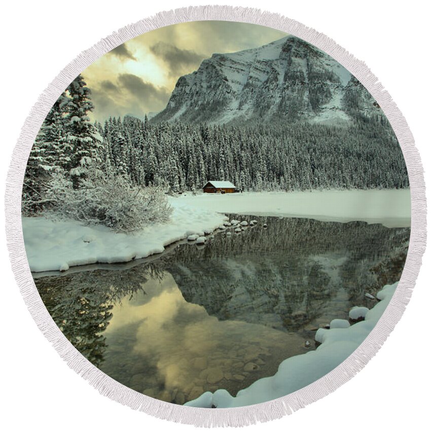 Lake Louise Round Beach Towel featuring the photograph Lake Louise Winter Mountain Reflections by Adam Jewell
