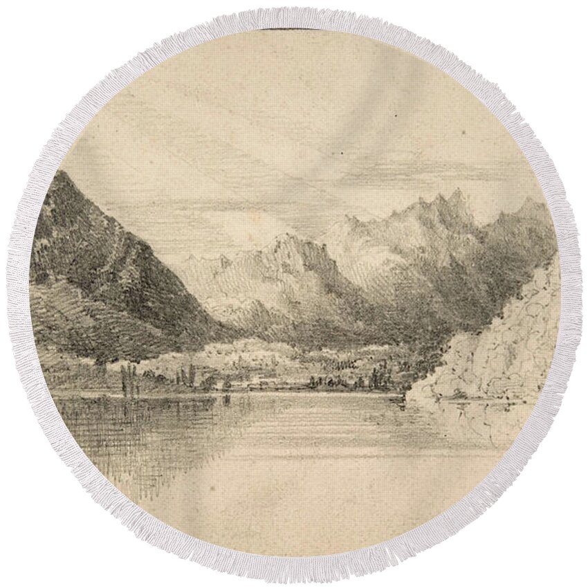 Clarkson Frederick Stanfield Round Beach Towel featuring the drawing Lake of Thun looking North by Clarkson Frederick Stanfield