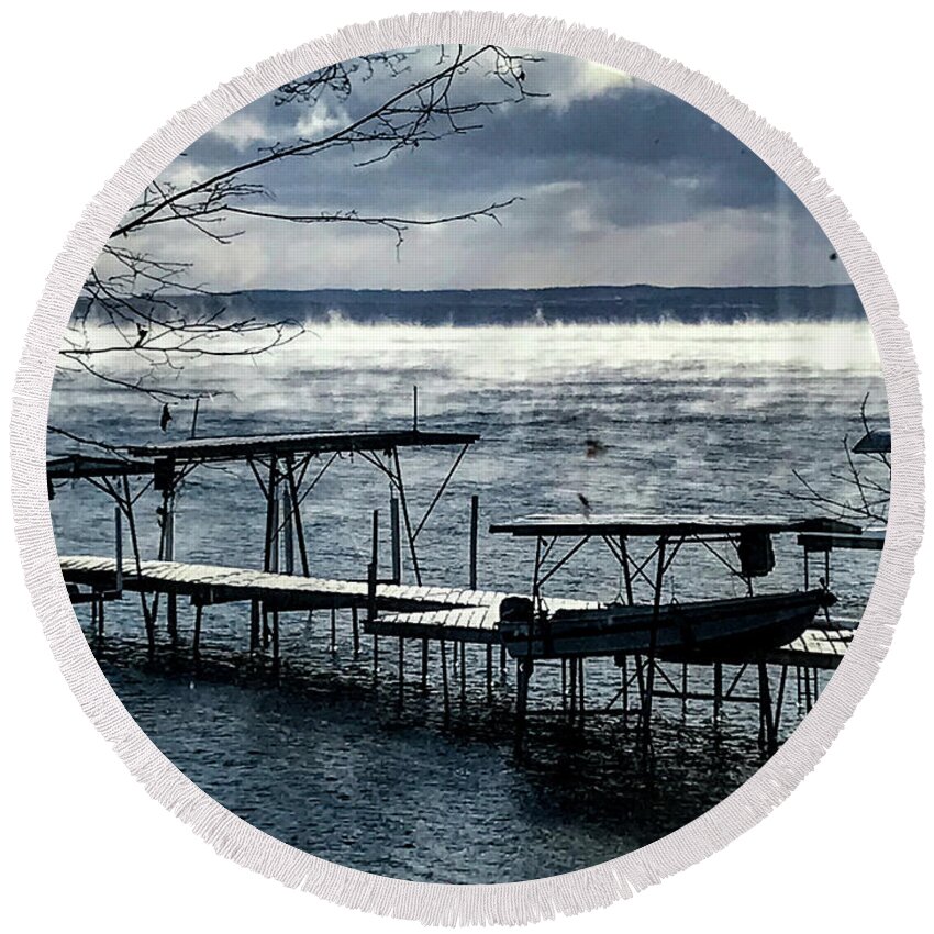 Winter Round Beach Towel featuring the photograph Lake Steam by William Norton
