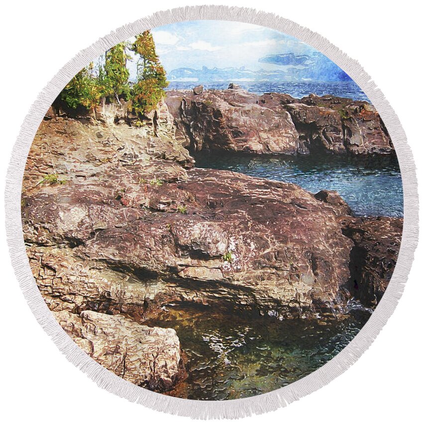 Upper Peninsula Round Beach Towel featuring the digital art Lake Superior Peninsulas by Phil Perkins