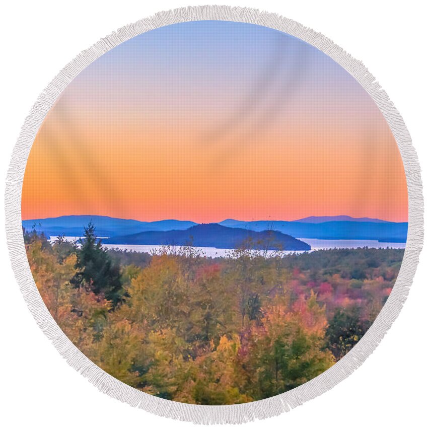New England Round Beach Towel featuring the photograph Lake Winnipesaukee sunset view by Claudia M Photography