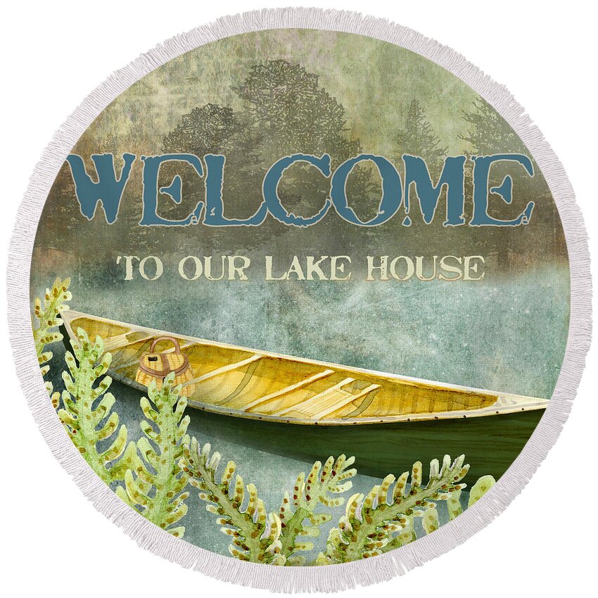 Welcome Round Beach Towel featuring the painting Lakeside Lodge - Welcome Sign by Audrey Jeanne Roberts
