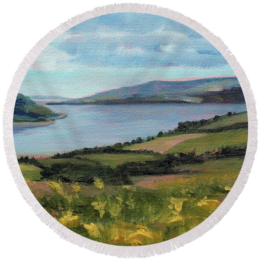 Scotland Round Beach Towel featuring the painting Lamlash - Facing Holy Isle by Trina Teele