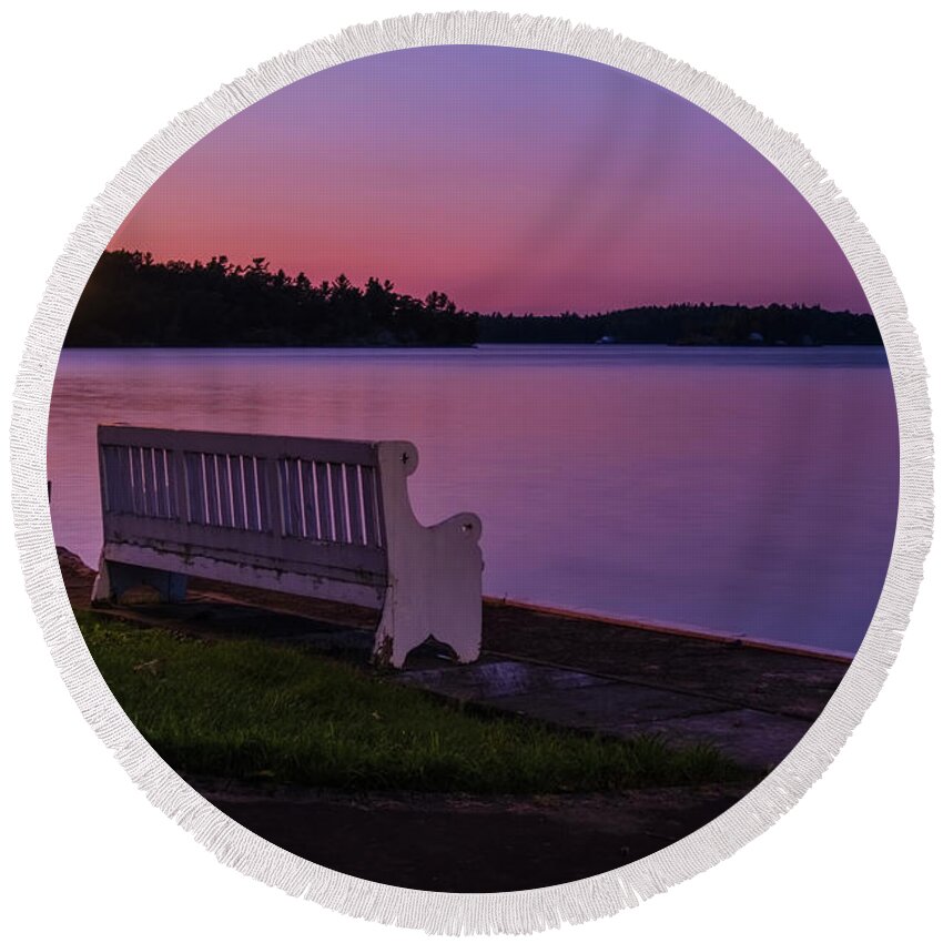 St Lawrence Seaway Round Beach Towel featuring the photograph Lamp And Bench by Tom Singleton
