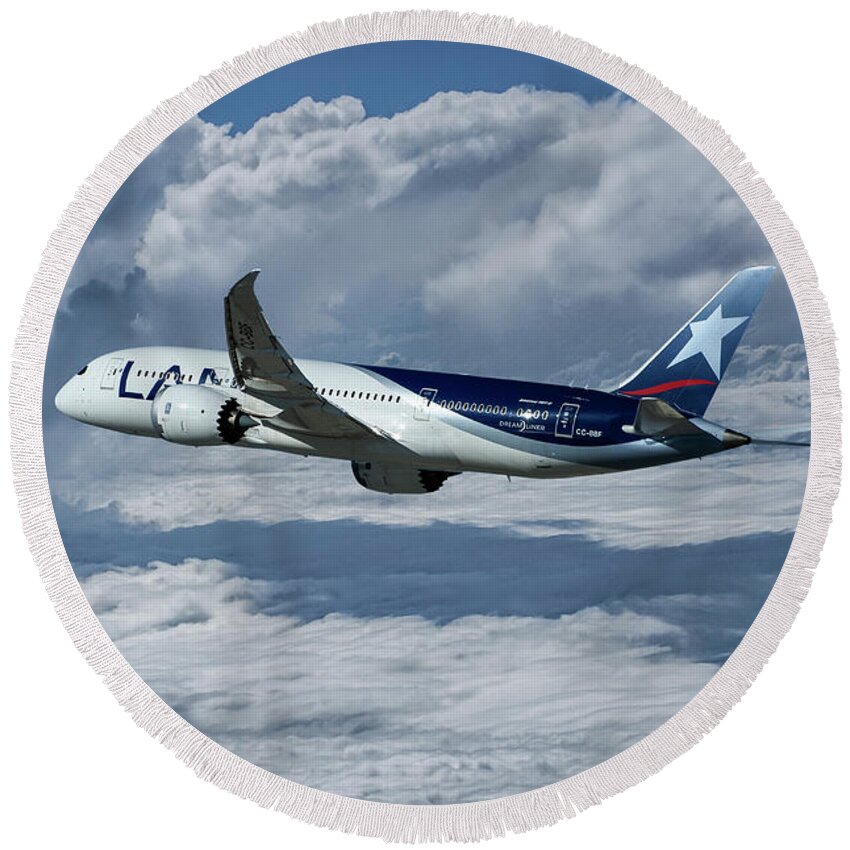 Lan Chile Airlines Round Beach Towel featuring the mixed media Lan Chile Airlines Boeing 787-8 Dreamliner by Erik Simonsen