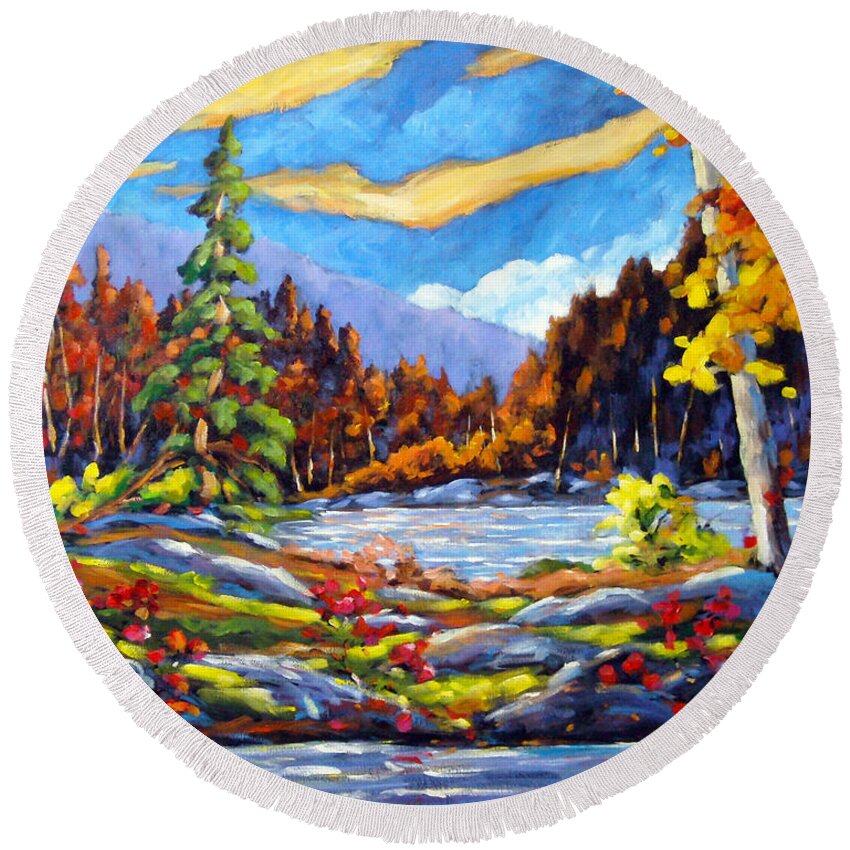 Art For Sale Round Beach Towel featuring the painting Land Of Lakes by Richard T Pranke