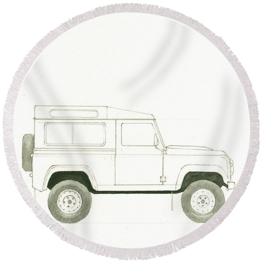 Land Rover Defender Round Beach Towel featuring the painting Land Rover defender by Juan Bosco