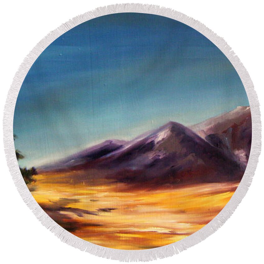 Painting Round Beach Towel featuring the painting Hill Scene by Olaoluwa Smith