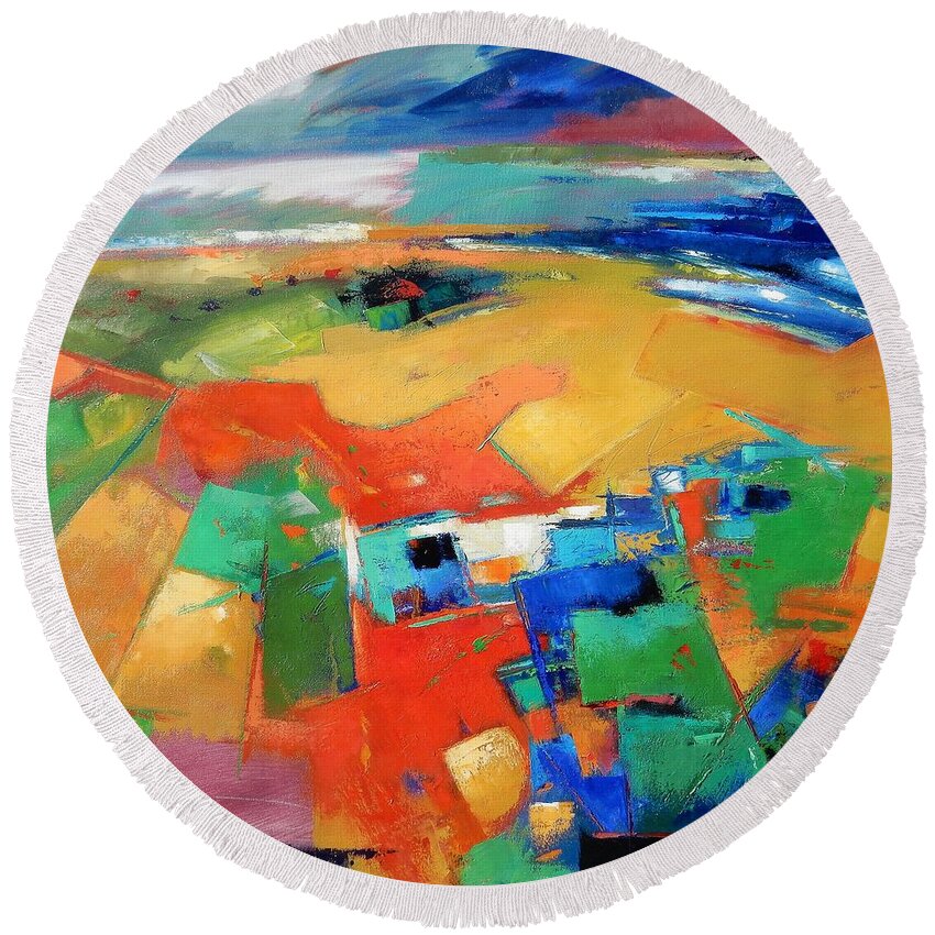 Landscape Round Beach Towel featuring the painting Landforms, Suggestion of a Memory by Gary Coleman