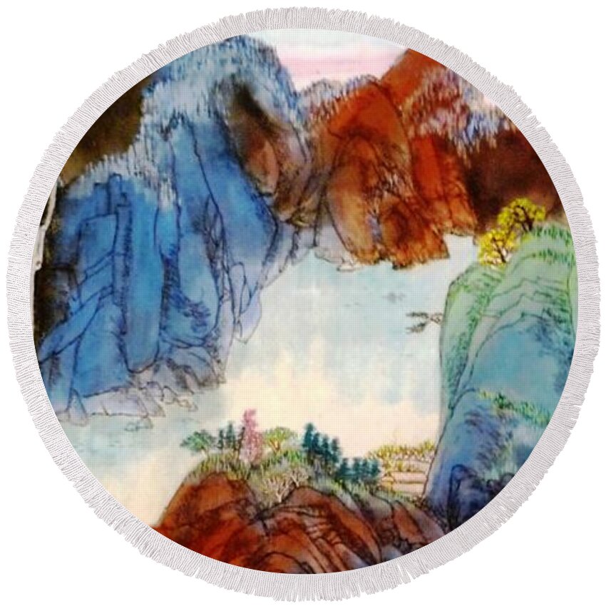 Chinese Style Landscape Round Beach Towel featuring the painting Landscape #2 by Betty M M Wong