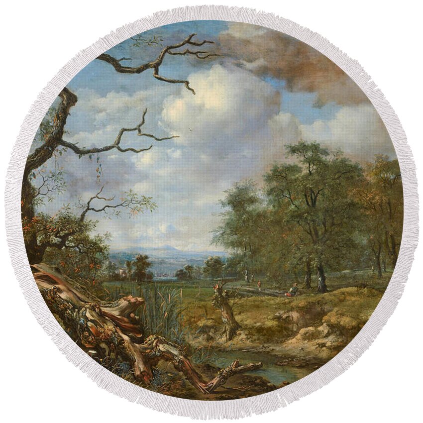 Jan Wijnants Round Beach Towel featuring the painting Landscape at the Edge of Woods by Jan Wijnants