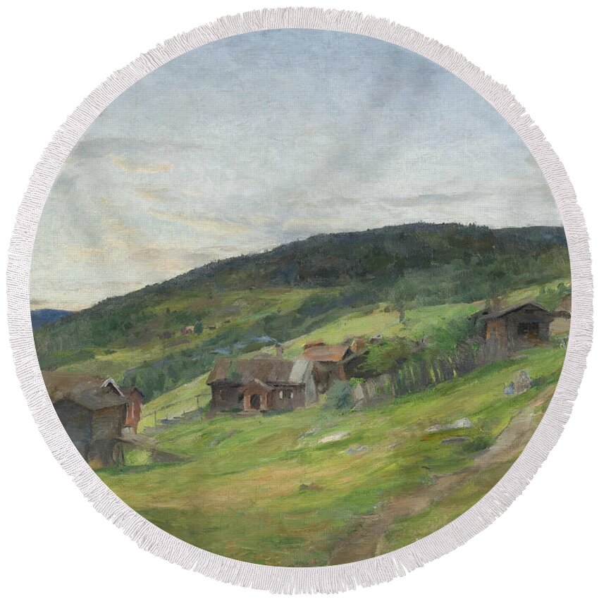 19th Century Art Round Beach Towel featuring the painting Landscape, Eggedal by Harriet Backer