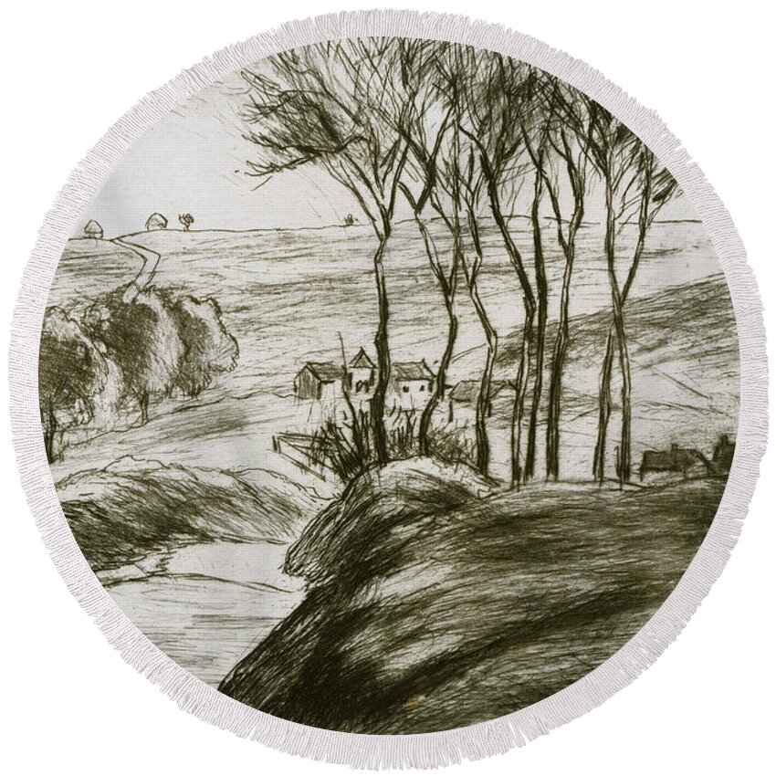 Camille Pissarro Round Beach Towel featuring the drawing Landscape Near Osny by Camille Pissarro