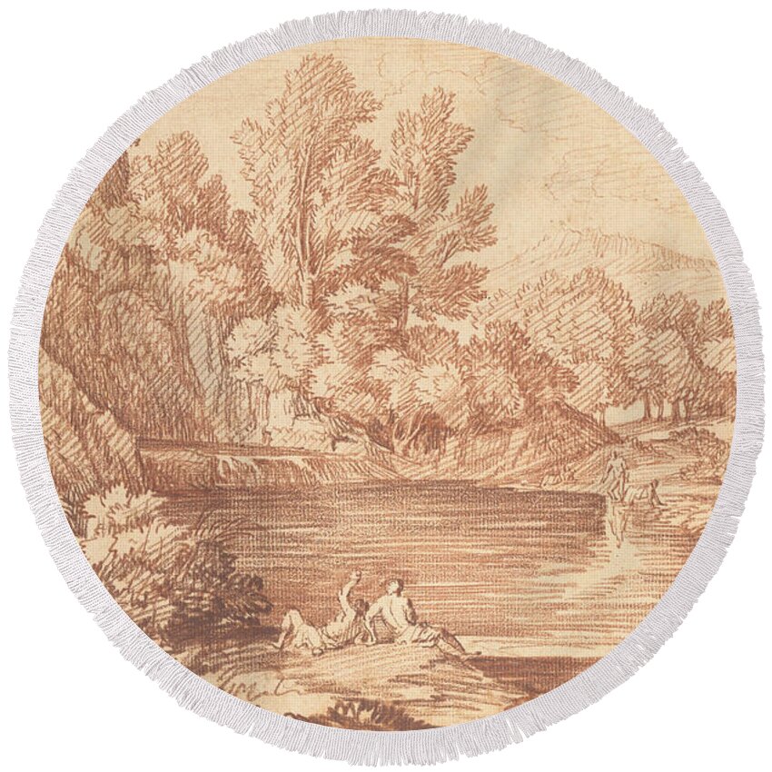 17th Century Art Round Beach Towel featuring the photograph Landscape with Figures on the Bank of a River by Gaspard Dughet