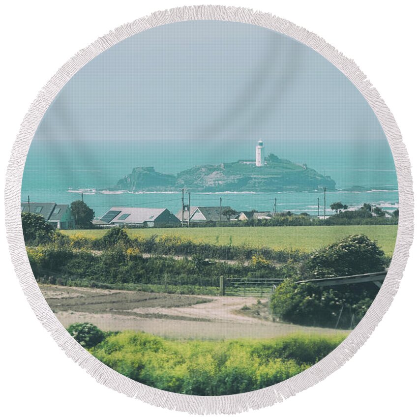 Godrevy Round Beach Towel featuring the photograph landscape with Godrevy Lighthouse by Ariadna De Raadt