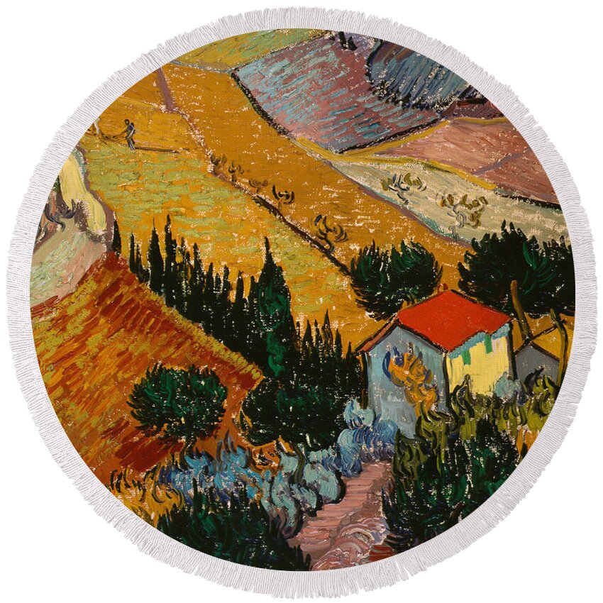 Landscape Round Beach Towel featuring the painting Landscape with House and Ploughman by Vincent Van Gogh