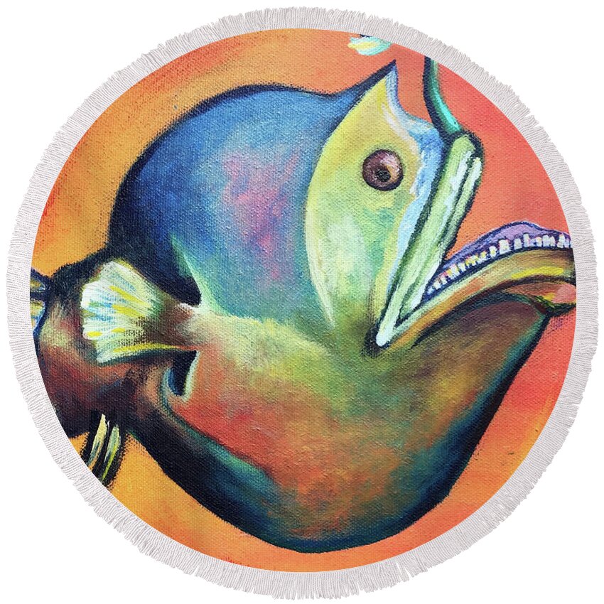 Angler Fish Round Beach Towel featuring the painting Lantern Fish by AnneMarie Welsh