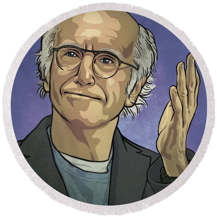 Larry David Round Beach Towel featuring the drawing Larry David by Miggs The Artist
