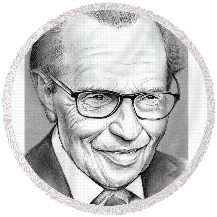 Larry King Round Beach Towel featuring the drawing Larry King by Greg Joens