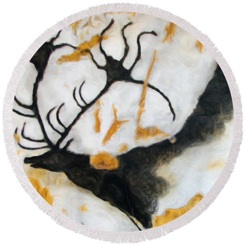 Lascaux Prehistoric Megaceros Round Beach Towel featuring the digital art Lascaux Megaceros Deer 2 by Weston Westmoreland