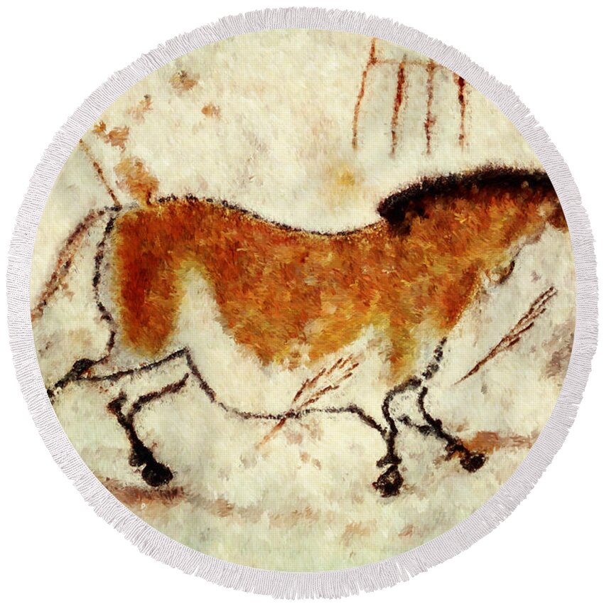 Lascaux Prehistoric Horse Round Beach Towel featuring the digital art Lascaux Prehistoric Horse by Weston Westmoreland