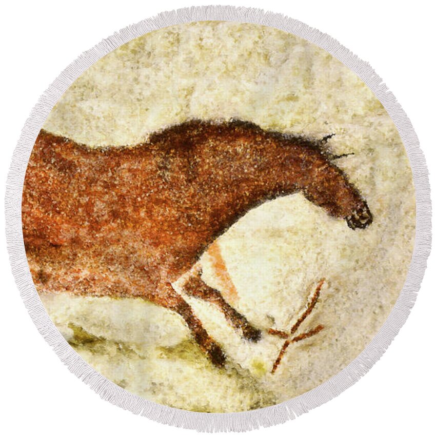 Lascaux Round Beach Towel featuring the painting Lascaux Red Horse by Weston Westmoreland