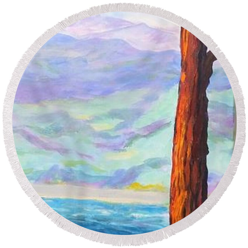 Landscape Round Beach Towel featuring the painting Last Tree Standing by Rosie Sherman