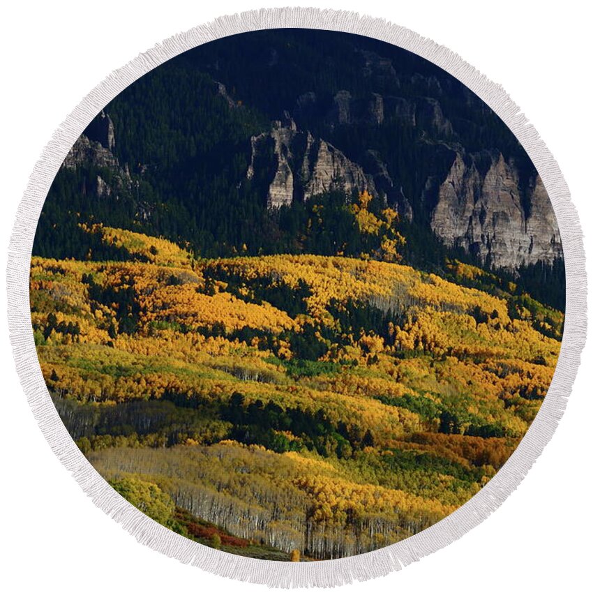 Silver Round Beach Towel featuring the photograph Late afternoon light on aspen groves at Silver Jack Colorado by Jetson Nguyen