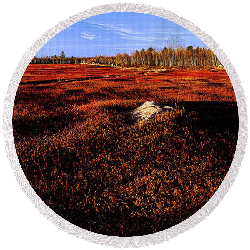 Blueberry Fields Round Beach Towel featuring the photograph Late Autumn Crimson Blueberry Barrens by Marty Saccone
