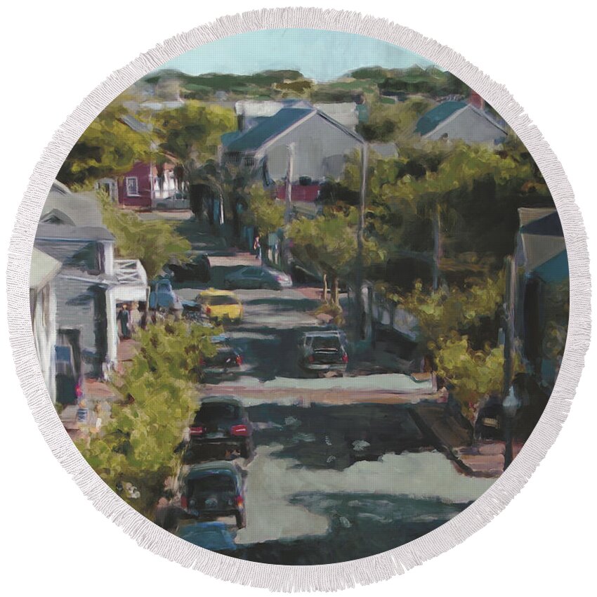 Cityscape Round Beach Towel featuring the painting Late Summer Nantucket by Thomas Tribby