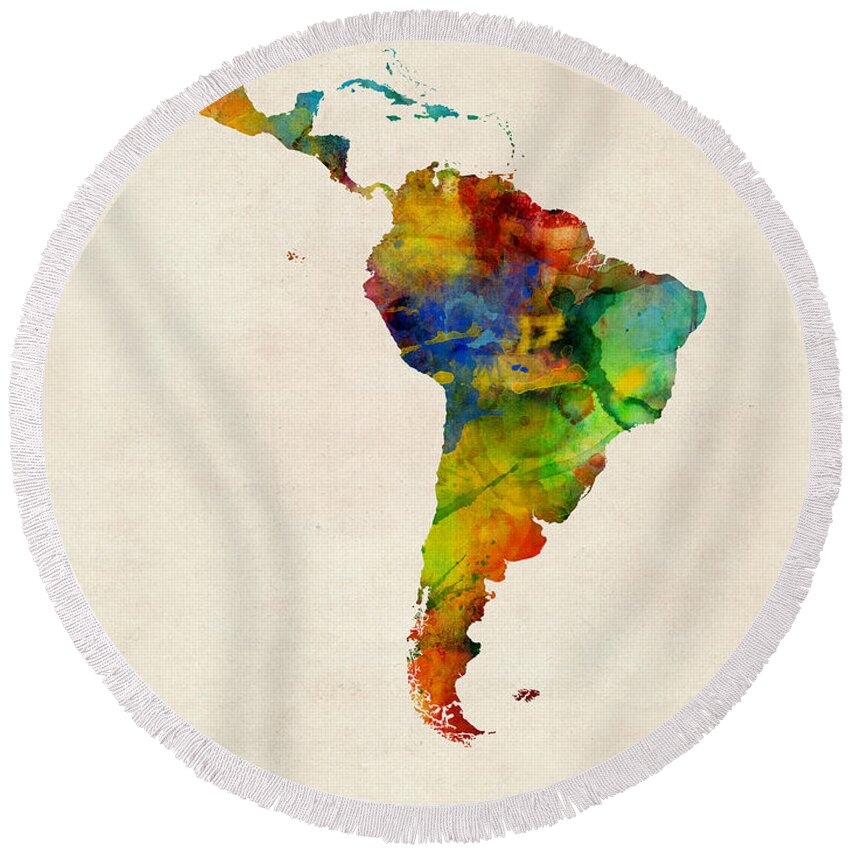 South America Map Round Beach Towel featuring the digital art Latin America Watercolor Map by Michael Tompsett