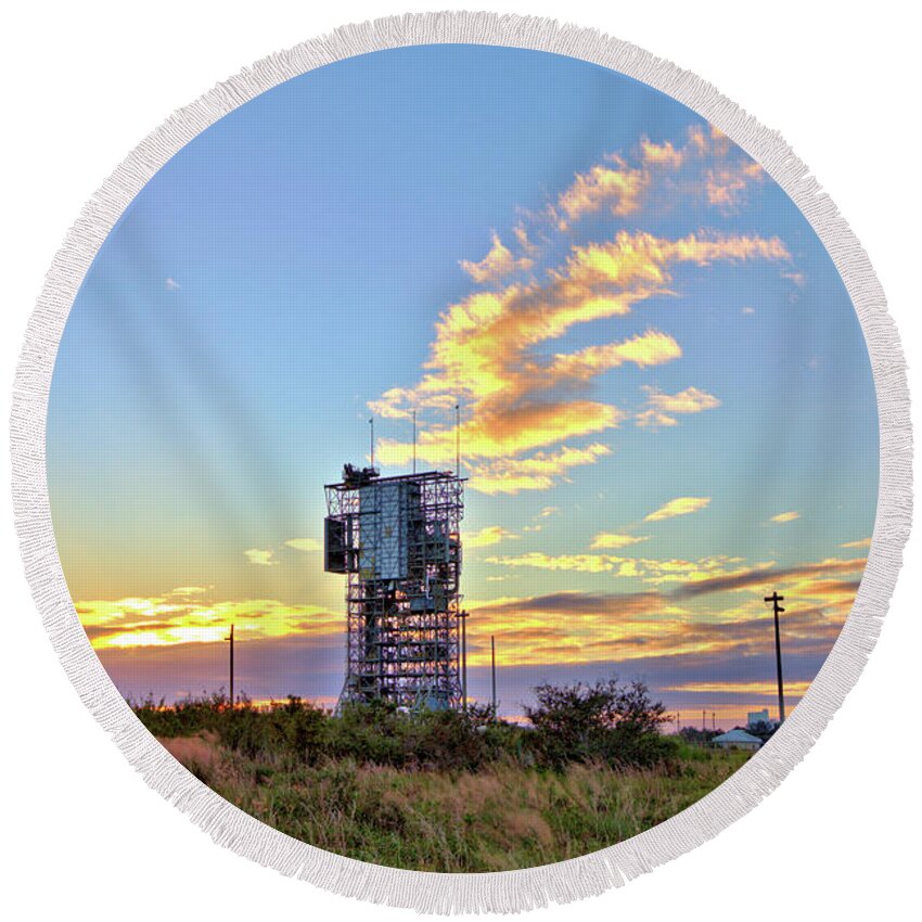 16485 Round Beach Towel featuring the photograph Launch Complex 17 at Sunset by Gordon Elwell